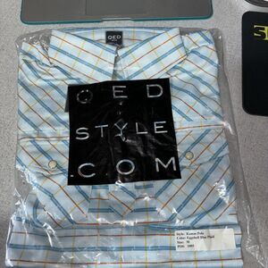 QED style mens Medium striped polo eggshell blue Kamas NWT Pearl Button
